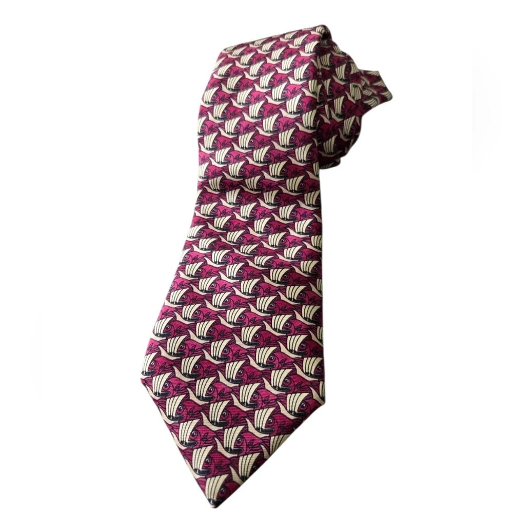 Boxtree Company 100% Silk Tie Fish Nautical Boats Made USA Novelty Burgundy Bold